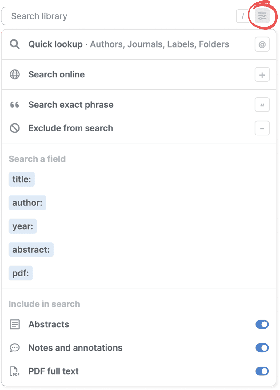 The search box with the circled options button open, showing Quick lookup, Search online, Search exact phrase and Exclude from search, the field prefixes title:, author:, year:, abstract: and pdf:, and three “Include in search” toggles.